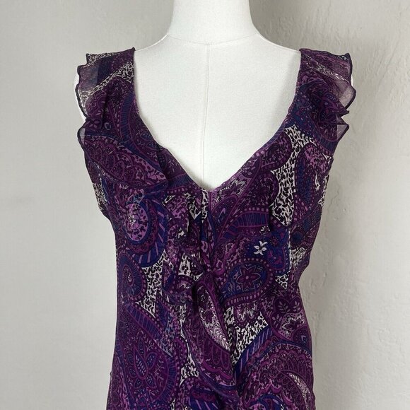 Lena Medoyeff Maxi Dress 100%‎ Silk Purple Paisley V-Neck Ruffle Layered Size 6 - Picture 2 of 11